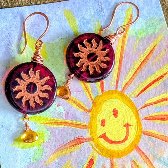 Celestial Sun Earrings Artisan Crafted Copper Wrap Congnac Citrine Drops - Picture 6 of 16